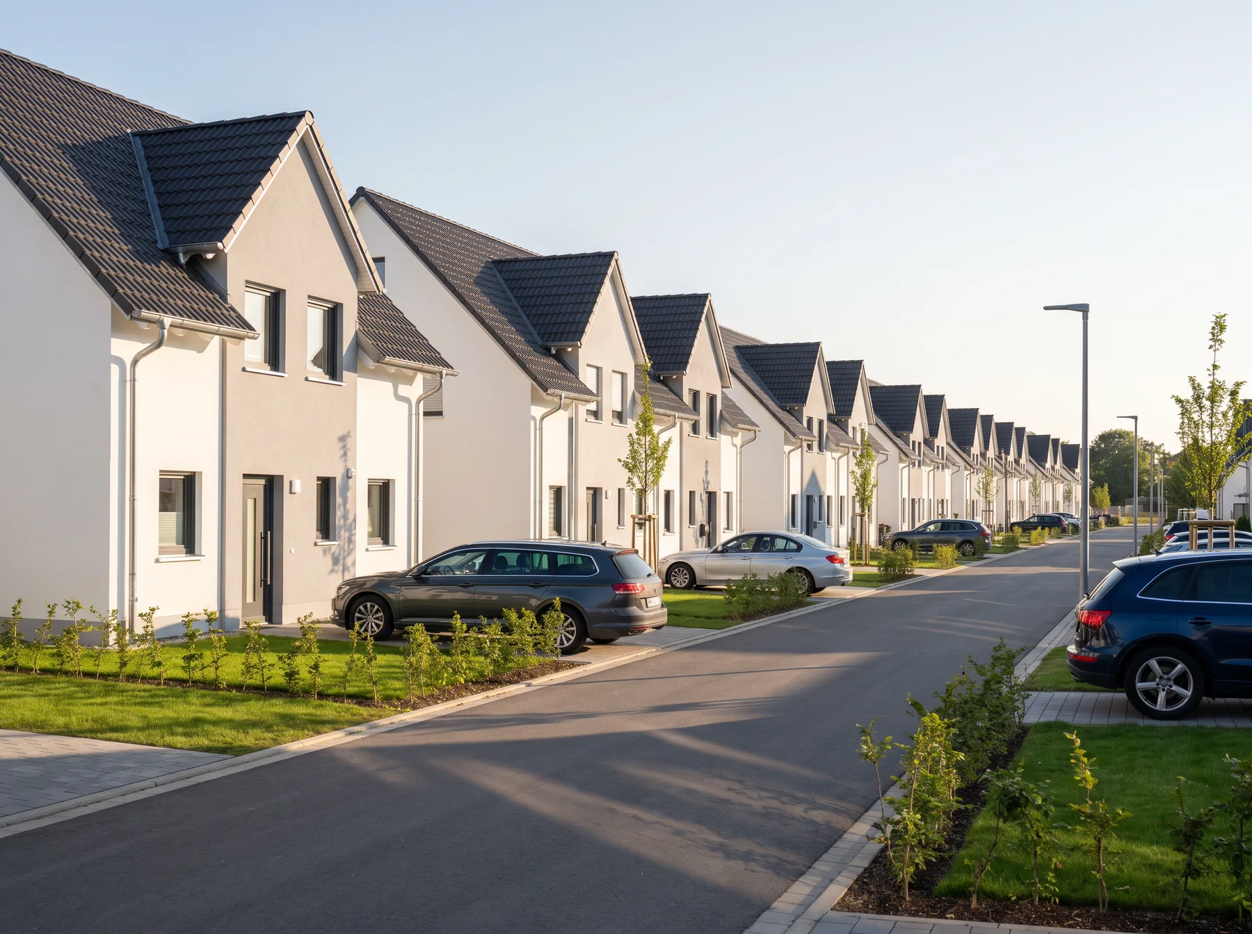 Neu errichtete Reihenhauszeile mit fertigem Dach und Fassade